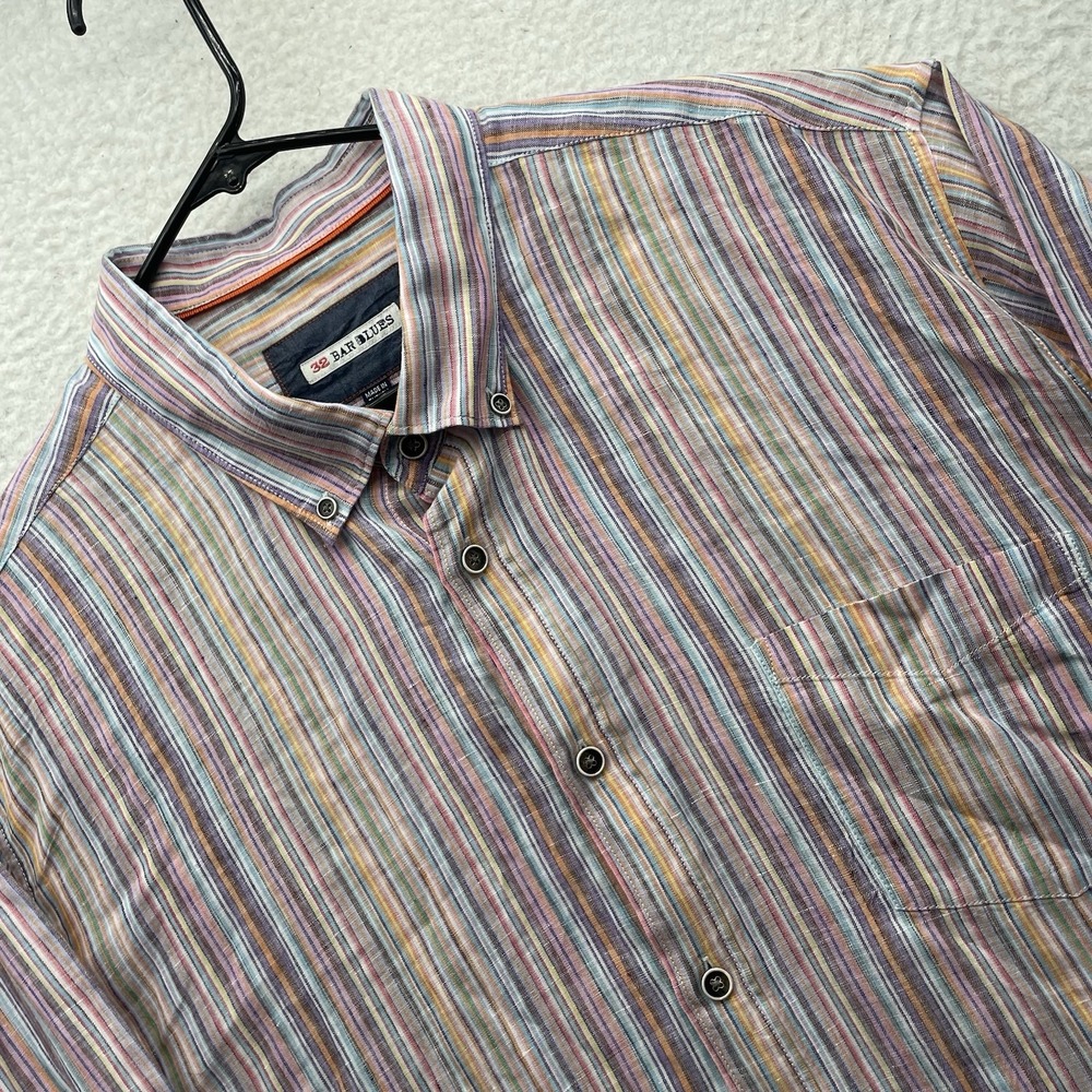 32‎ Bar Blues Shirt Mens XXL 2XL Button Up 100% Linen Multicolor Striped